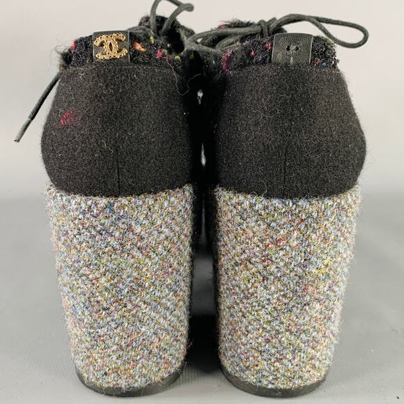 CHANEL Size 6.5 Black Red Grey Tweed Platform Oxford Flats - Picture 3 of 9